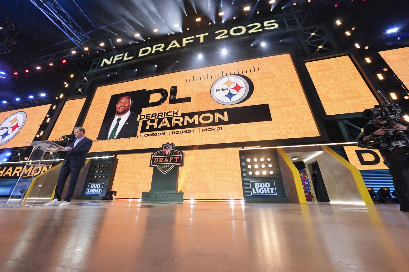Oregon defensive lineman Derrick Harmon is selected 21st overall by the Pittsburgh Steelers during the first round of the 2025 NFL Draft on April 24, 2025 in Green Bay, Wisconsin.