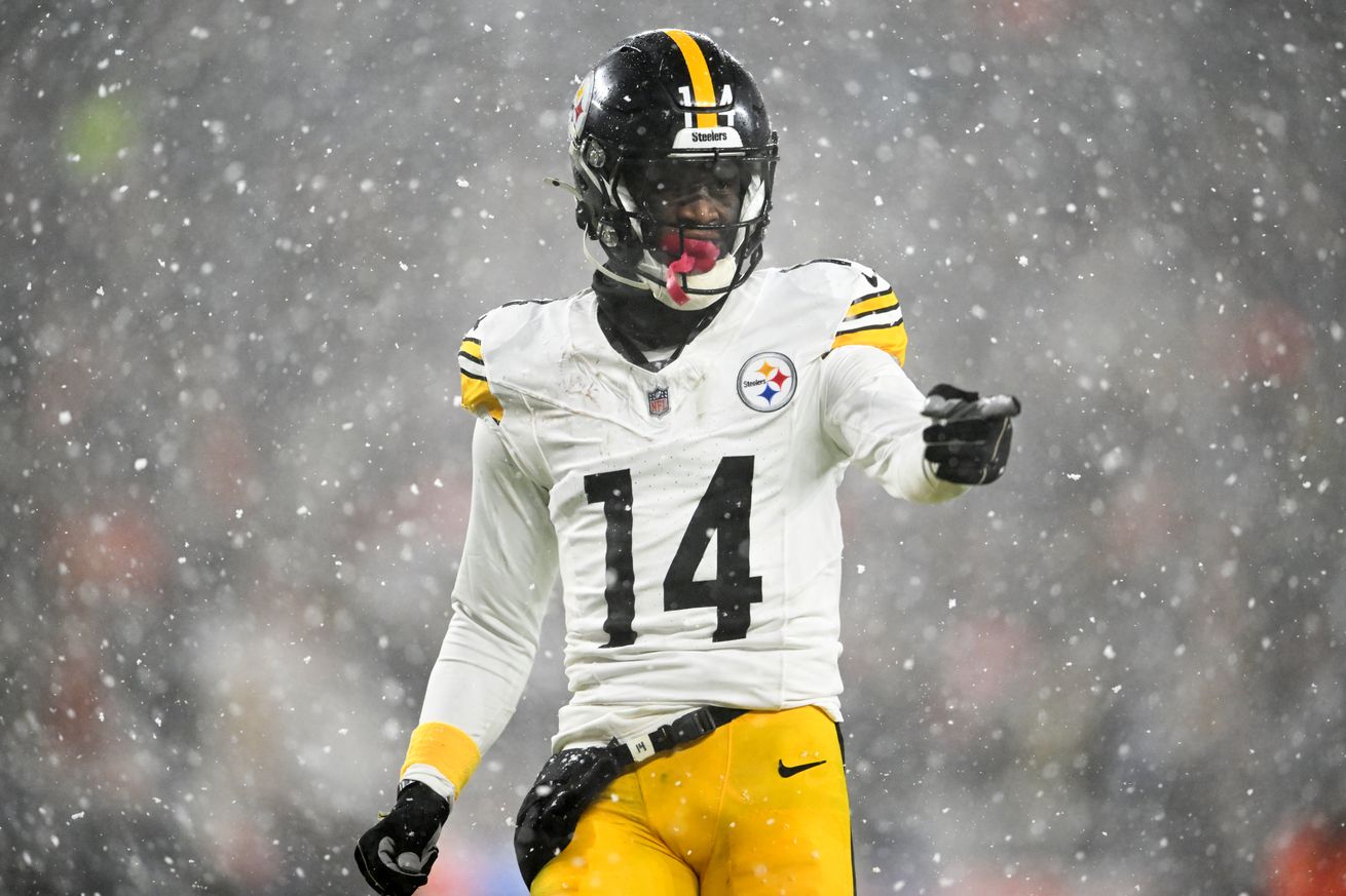 George Pickens #14 of the Pittsburgh Steelers looks on during the fourth quarter against the Cleveland Browns at Huntington Bank Field on November 21, 2024 in Cleveland, Ohio.