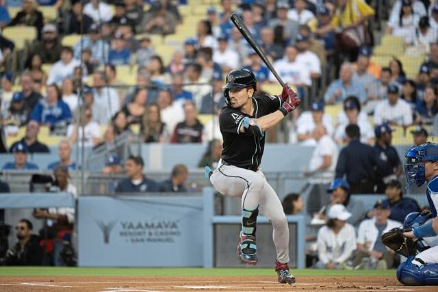 Arizona Diamondbacks’ Corbin Carroll bats during a baseball game against the Los Angeles Dodgers in Los Angeles, Monday, May 19, 2025.