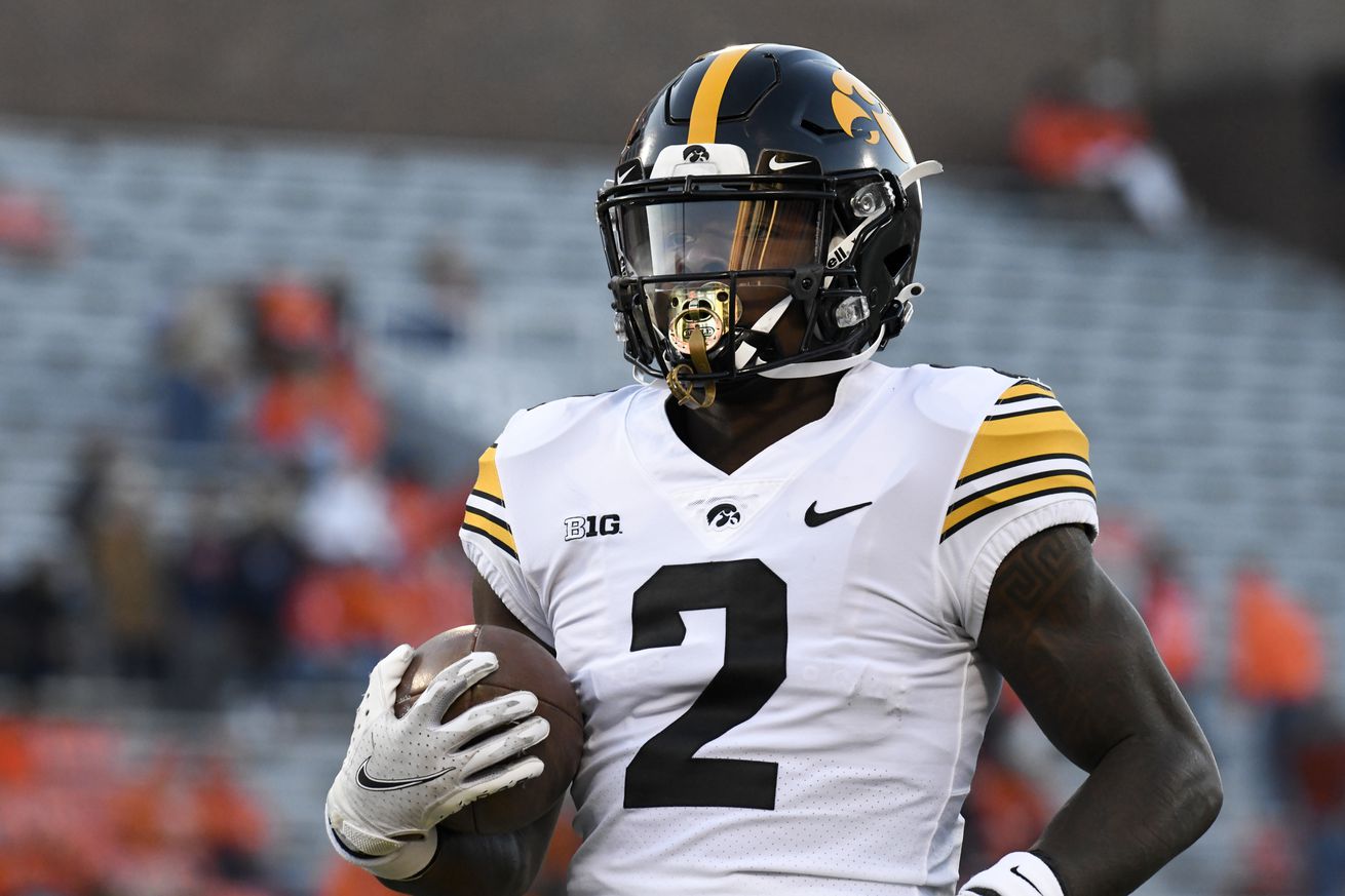 Iowa Hawkeyes running back Kaleb Johnson (2) warms up before the college football game between the Iowa Hawkeyes and the Illinois Fighting Illini on October 7, 2022, at Memorial Stadium in Champaign, Illinois.