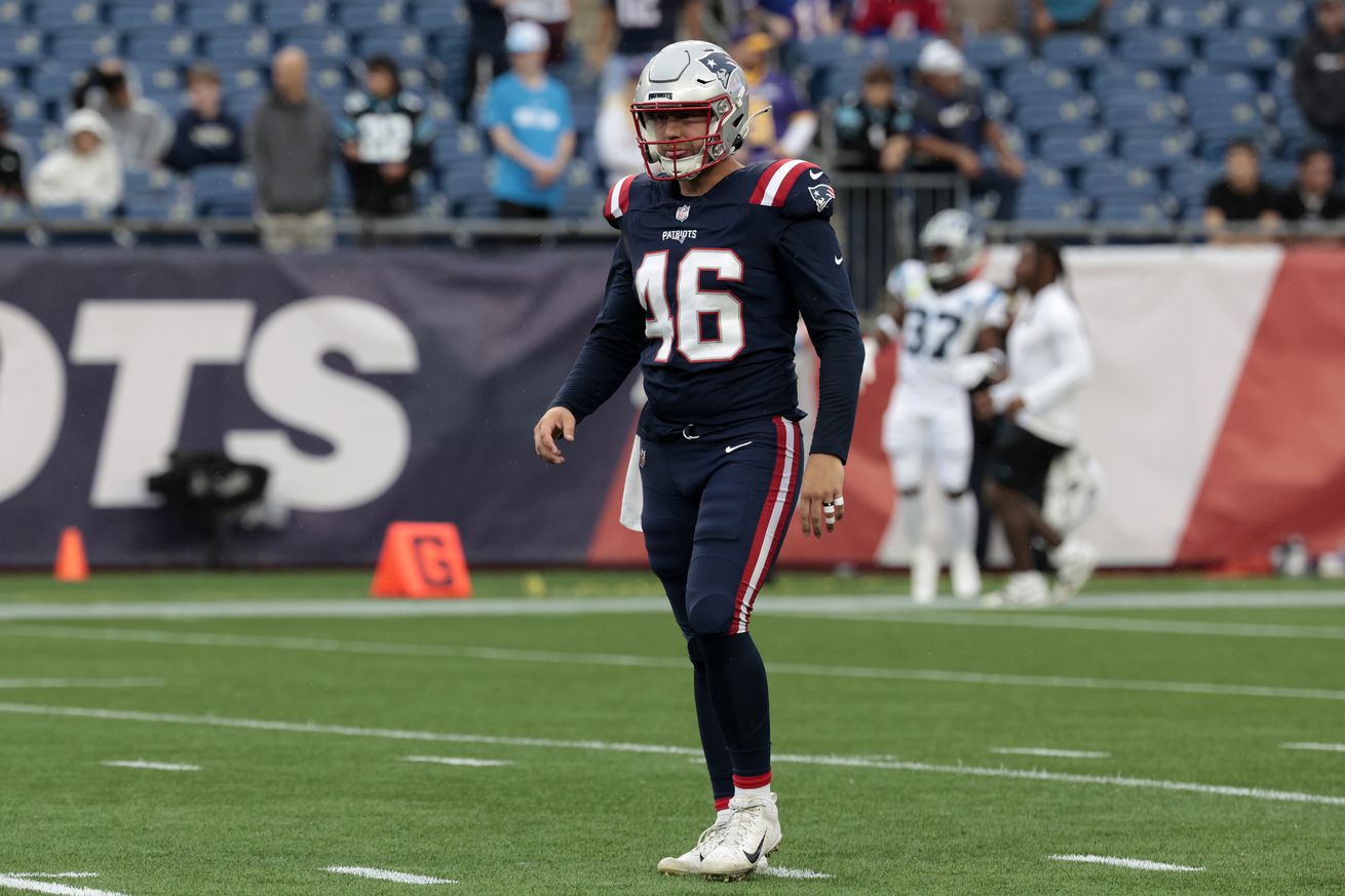 New England Patriots long snapper Tucker Addington (46) in warm up before a preseason game between the New England Patriots and the Carolina Panthers on August 8, 2024, at Gillette Stadium in Foxborough, Massachusetts.