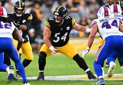 Zach Frazier #54 of the Pittsburgh Steelers in action during the preseason game against the Buffalo Bills at Acrisure Stadium on August 17, 2024 in Pittsburgh, Pennsylvania.