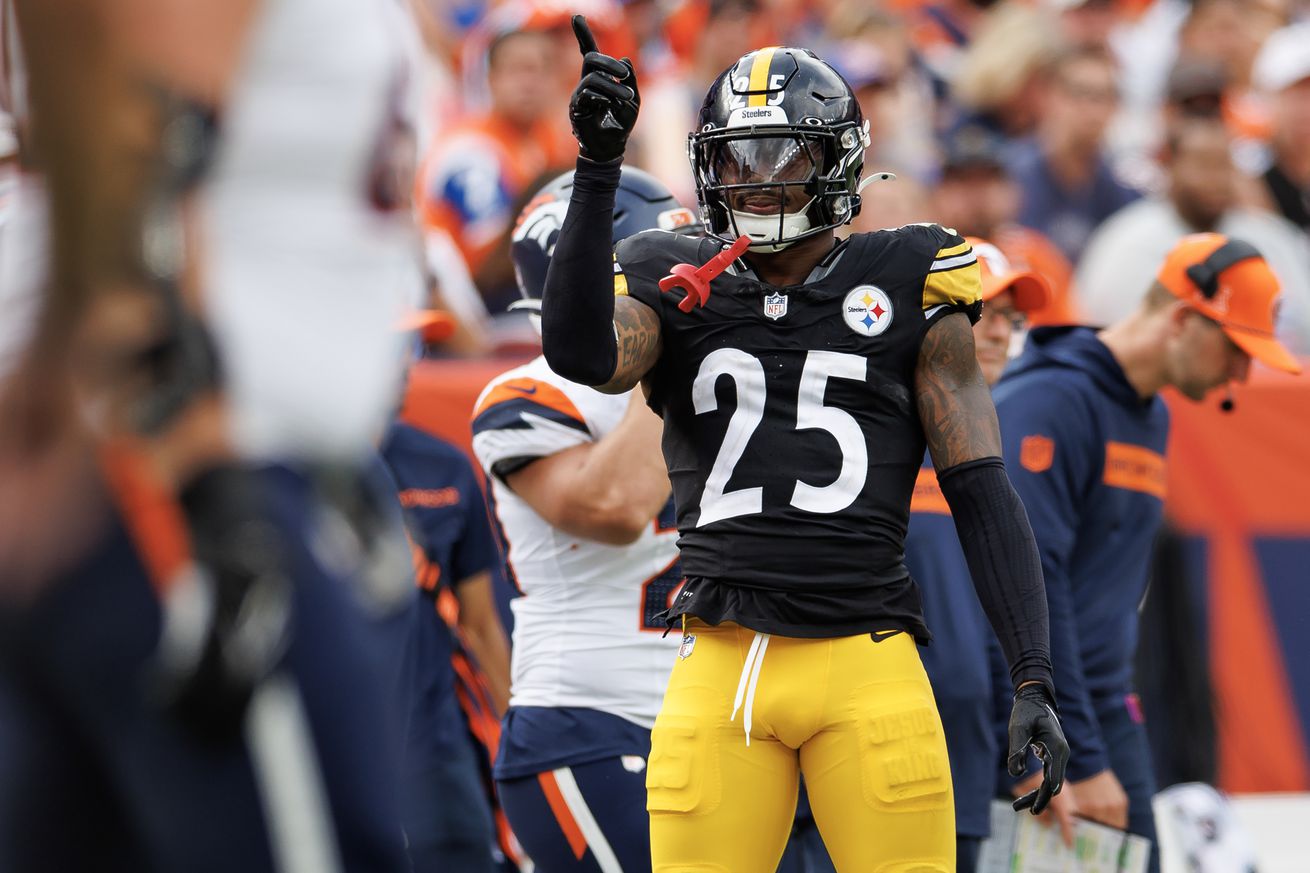 Safety DeShon Elliott #25 of the Pittsburgh Steelers celebrates after making a play during the third quarter of an NFL football game against the Denver Broncos, at Empower Field at Mile High on September 15, 2024 in Denver, Colorado.