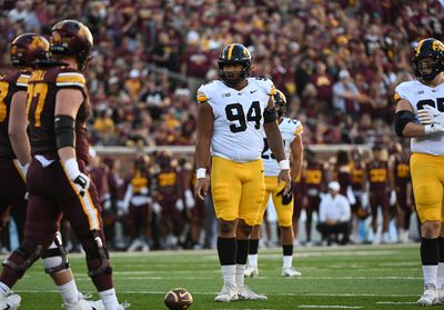 Iowa Hawkeyes DT Yahya Black sets up for a play during football game between the Iowa Hawkeyes and the Minnesota Golden Gophers on September 21, 2024, at Huntington Bank Stadium in Minneapolis, MN.