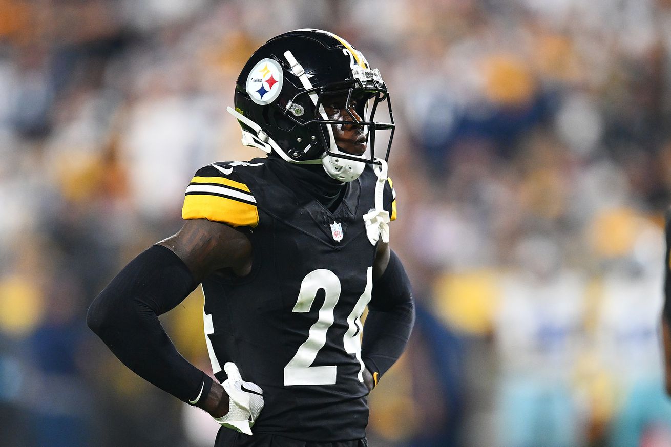 Joey Porter Jr. #24 of the Pittsburgh Steelers in action during the game against the Dallas Cowboys at Acrisure Stadium on October 6, 2024 in Pittsburgh, Pennsylvania.