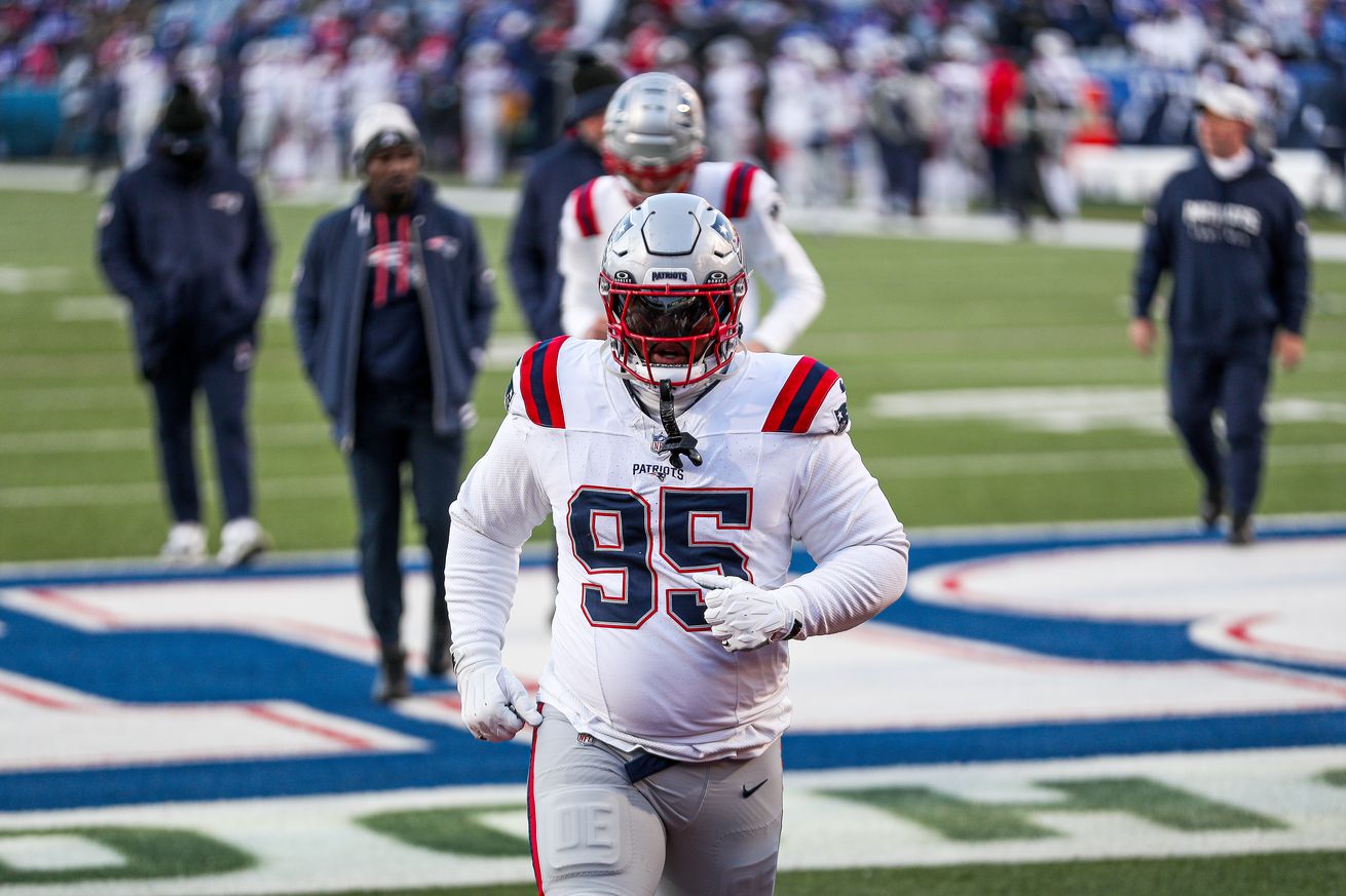 Daniel Ekuale #95 of the New England Patriots look on prior to a game against the Buffalo Bills at Highmark Stadium on December 22, 2024 in Orchard Park, New York.
