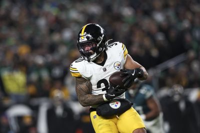 Jaylen Warren #30 of the Pittsburgh Steelers runs the ball during an NFL football game against the Philadelphia Eagles at Lincoln Financial Field on December 15, 2024 in Philadelphia, Pennsylvania. The Eagles defeated the Steelers 27-13.