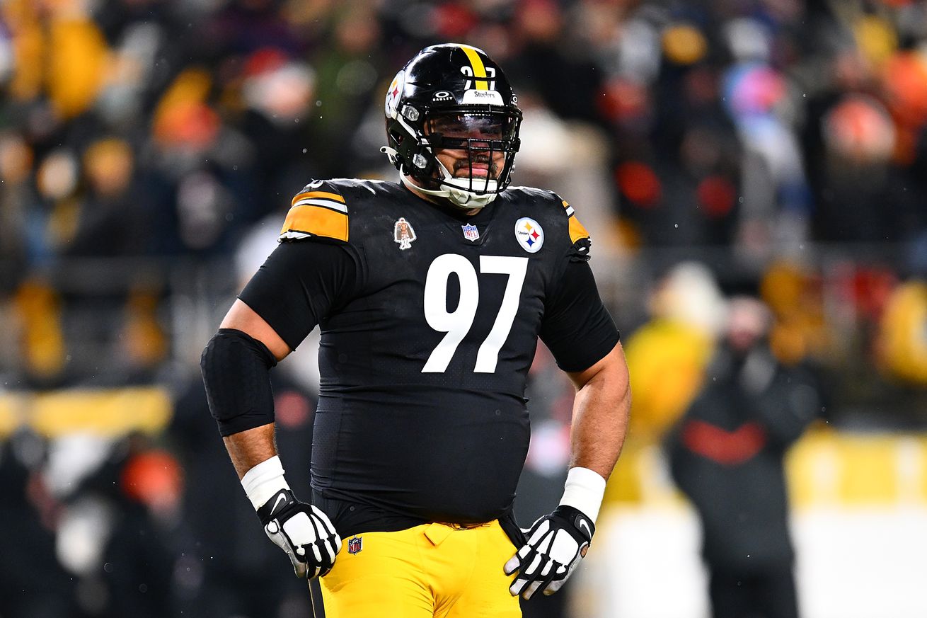 Cameron Heyward #97 of the Pittsburgh Steelers looks on during the game against the Cincinnati Bengals at Acrisure Stadium on January 5, 2025 in Pittsburgh, Pennsylvania.