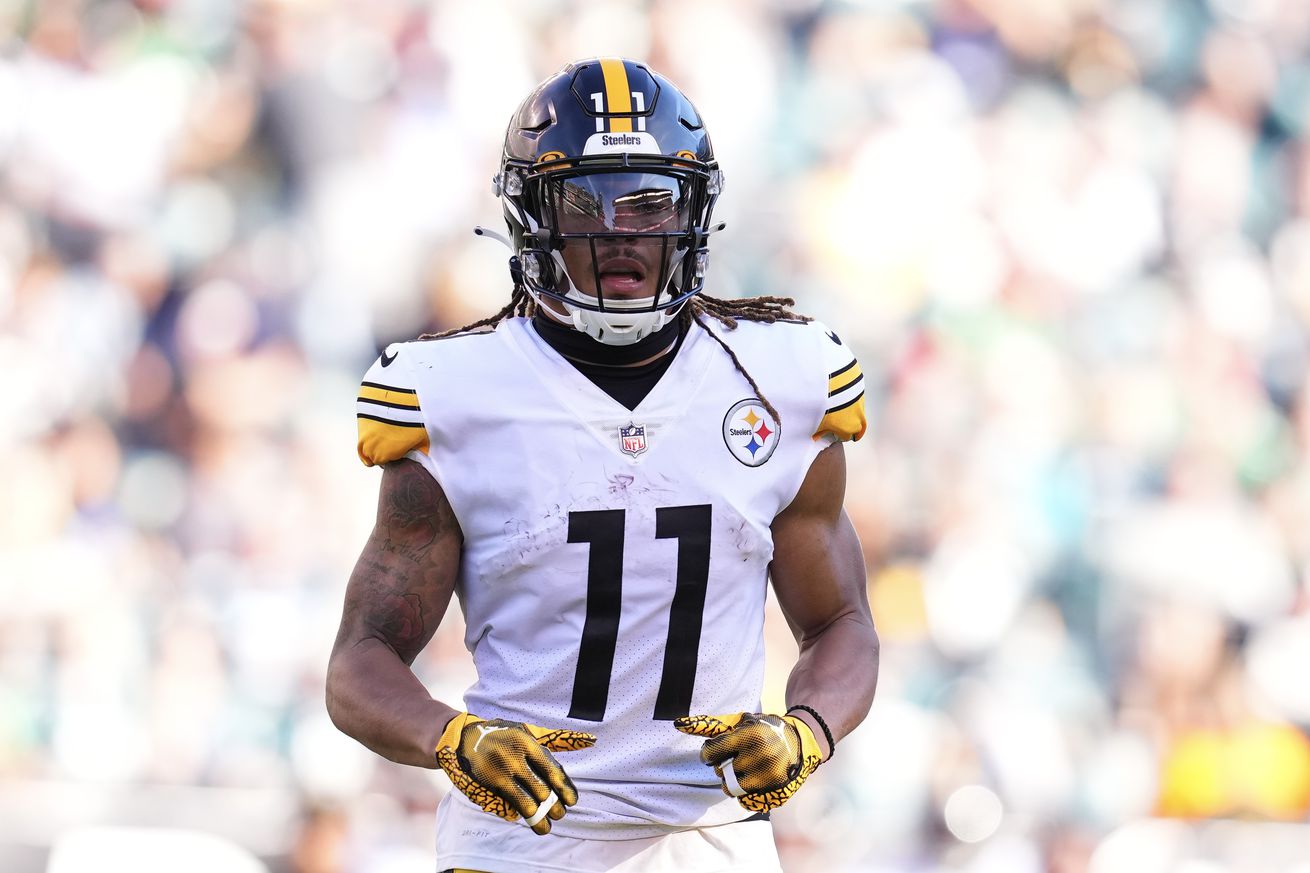 Chase Claypool #11 of the Pittsburgh Steelers looks on against the Philadelphia Eagles at Lincoln Financial Field on October 30, 2022 in Philadelphia, Pennsylvania.