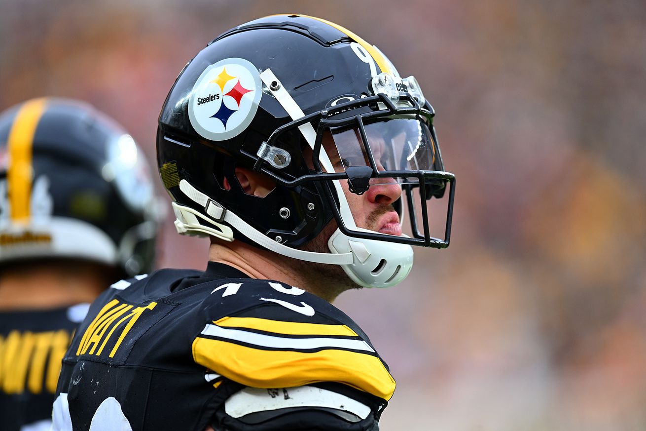 T.J. Watt #90 of the Pittsburgh Steelers looks on during the game against the Kansas City Chiefs at Acrisure Stadium on December 25, 2024 in Pittsburgh, Pennsylvania.