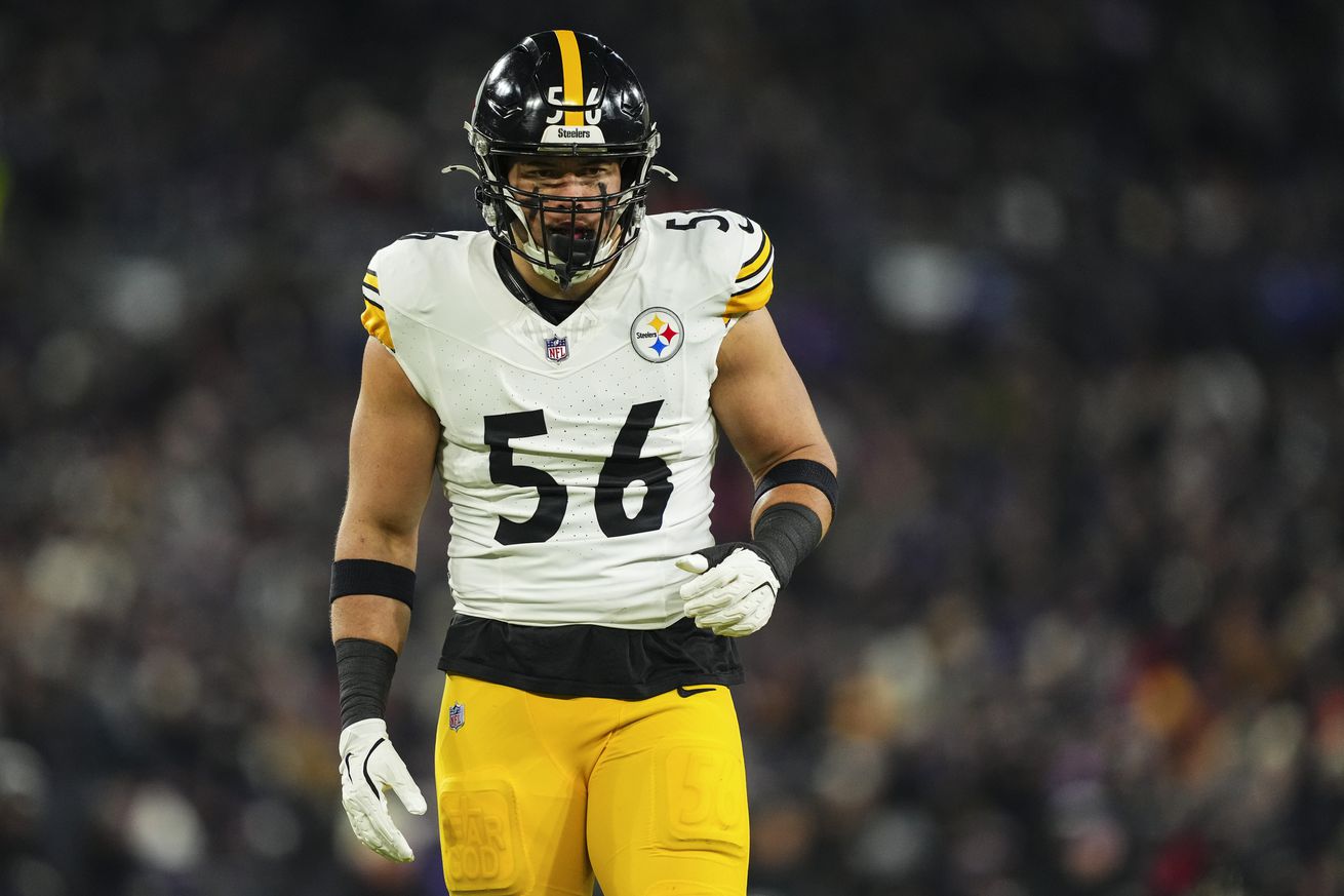 Alex Highsmith #56 of the Pittsburgh Steelers lines up before the snap during an NFL football wild card playoff game against the Baltimore Ravens at M&T Bank Stadium on January 11, 2025 in Baltimore, Maryland.