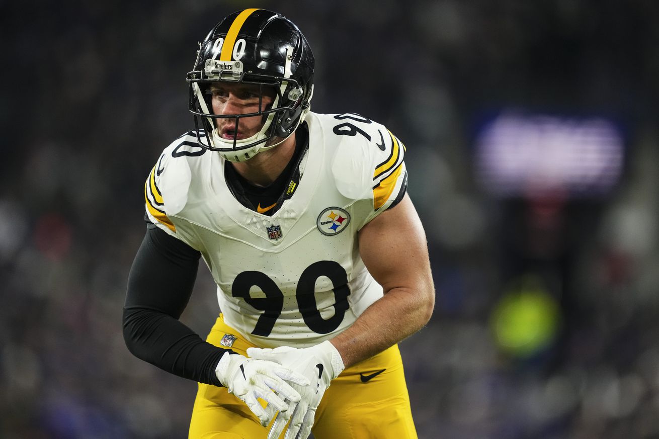 T.J. Watt #90 of the Pittsburgh Steelers lines up before the snap during an NFL football wild card playoff game against the Baltimore Ravens at M&T Bank Stadium on January 11, 2025 in Baltimore, Maryland.