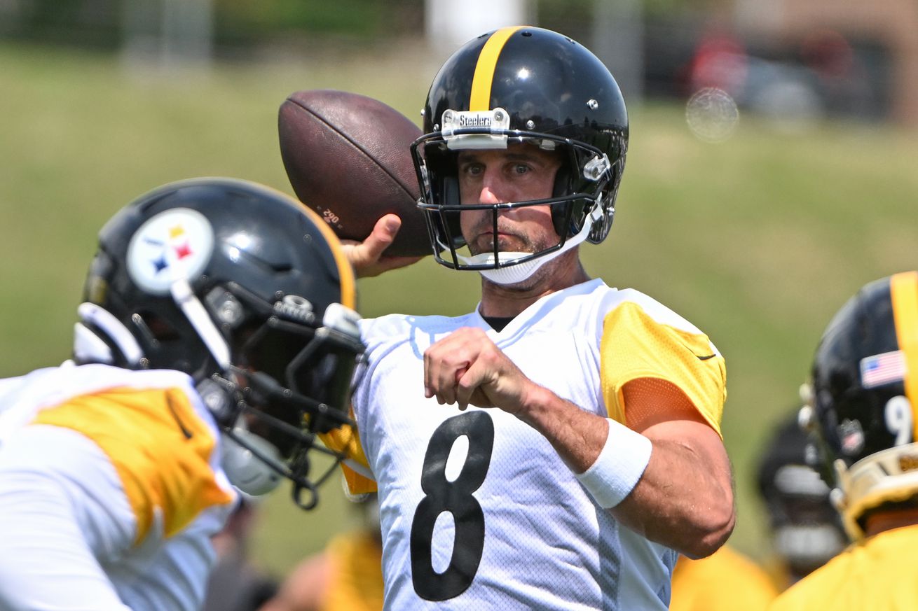Pittsburgh Steelers quarterback Aaron Rodgers (8) participates in drills during training camp at Saint Vincent College. 
