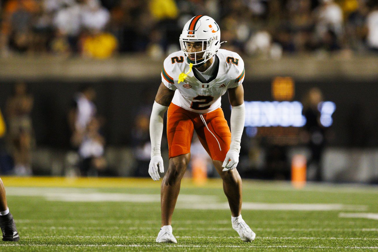 Daryl Porter Jr. #2 of the Miami Hurricanes defends during the first half against California Golden Bears at California Memorial Stadium on October 5, 2024 in Berkeley, California.