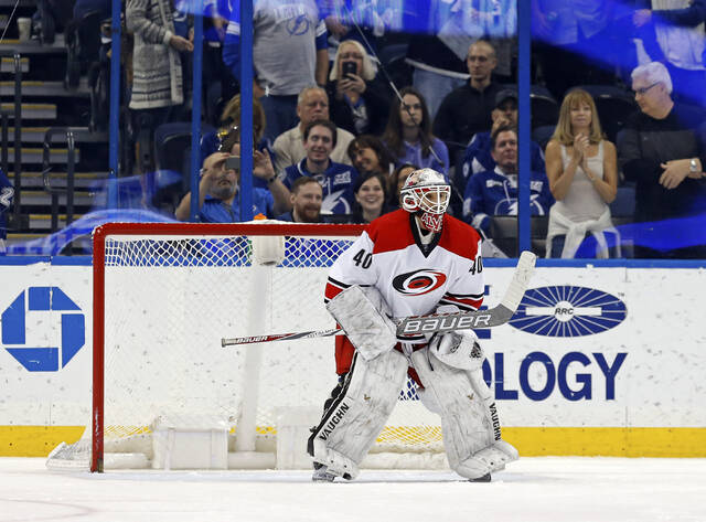 Carolina Hurricanes emergency backup goalie Jorge Alves makes his NHL debut during the third period of a game against the Tampa Bay Lightning on Dec. 31, 2016.
