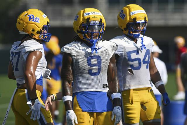 Linebacker Kyle Louis (9) takes part in drills during the first day of Pitt football practice Wednesday, July 30, 2025, at UPMC Rooney Sports Complex on the South Side.