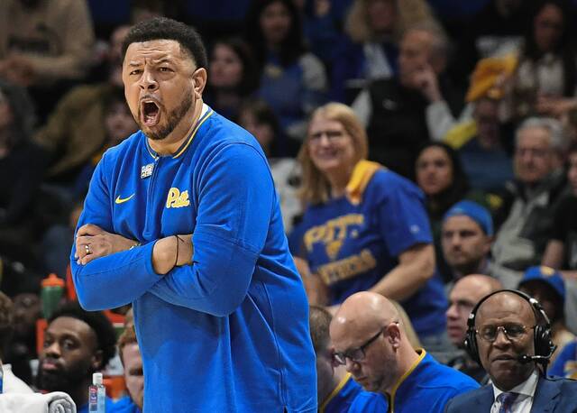 Pitt coach Jeff Capel directs traffic from the sideline during a game against Boston College on March 8 at Petersen Events Center.