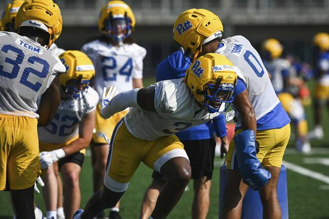 Linebacker Rasheem Biles participates in a drill during the first day of Pitt football practice Wednesday, July 30, 2025, at UPMC Rooney Sports Complex on the South Side.