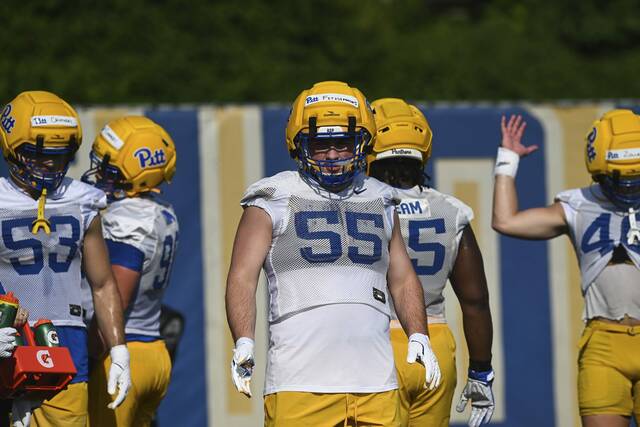 Defensive lineman Sean FitzSimmons (55) looks on during the first day of Pitt football practice Wednesday, July 30, 2025, at UPMC Rooney Sports Complex on the South Side.