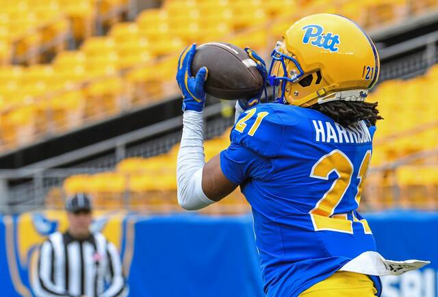 Pitt defensive back Shadarian Harrison intercepts a pass during the Blue-Gold game at Acrisure Stadium on April 12.