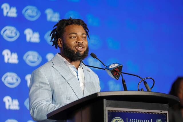 Pitt running back Desmond Reid speaks to the media at the 2025 ACC Kickoff in Charlotte, N.C., Wednesday, July 23, 2025.