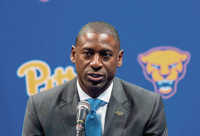 Pitt athletic director Allen Greene speaks during his introdutory press conference Oct. 22, 2024, at Petersen Events Center.