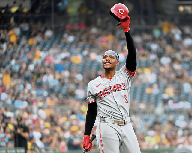 Reds third baseman Ke’Bryan Hayes acknowledges the crowd before his first at-bat against the Pirates on Thursday, Aug. 7, 2025, at PNC Park.
