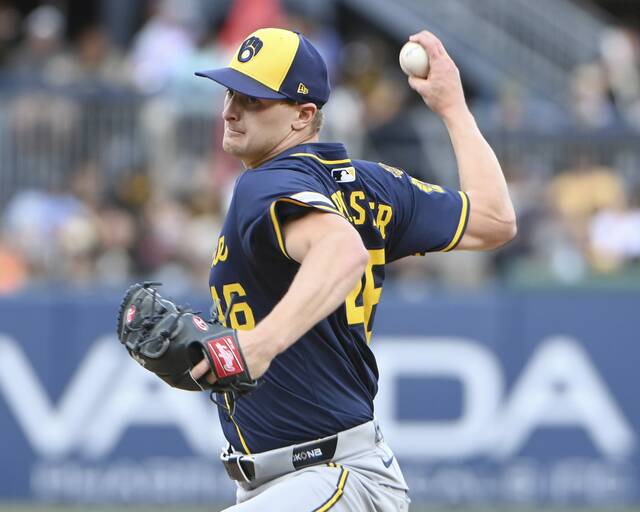 Brewers pitcher Quinn Priester delivers during the fourth inning against the Pirates on Saturday, May 24, 2025, at PNC Park.
