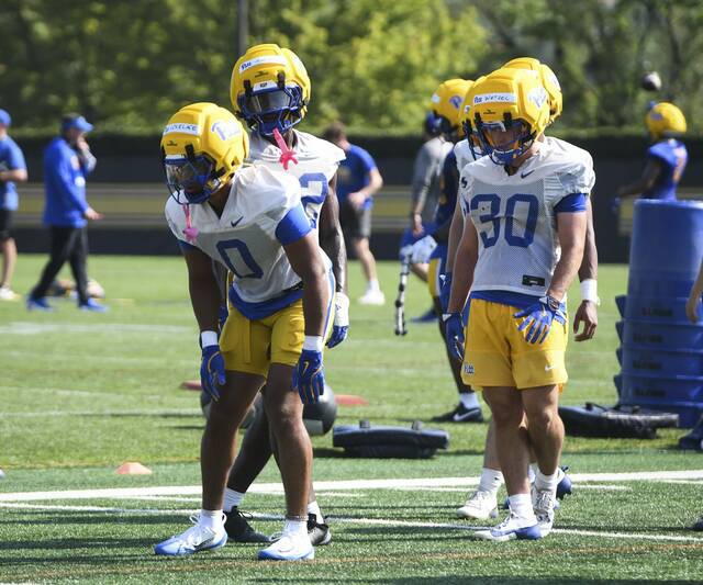 Linebacker Braylan Lovelace runs drills during the first day of Pitt football practice last month.