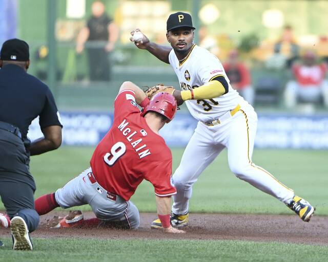 The Reds’ Matt McLain breaks up a double play under Pirates shortstop Liover Peguero on Saturday, Aug. 9, 2025, at PNC Park.