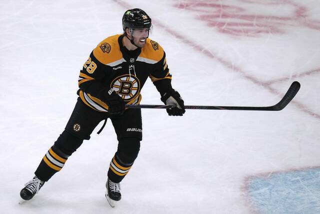 Boston Bruins defenseman Parker Wotherspoon (29) during an NHL hockey game, Thursday, Jan. 23, 2025, in Boston.