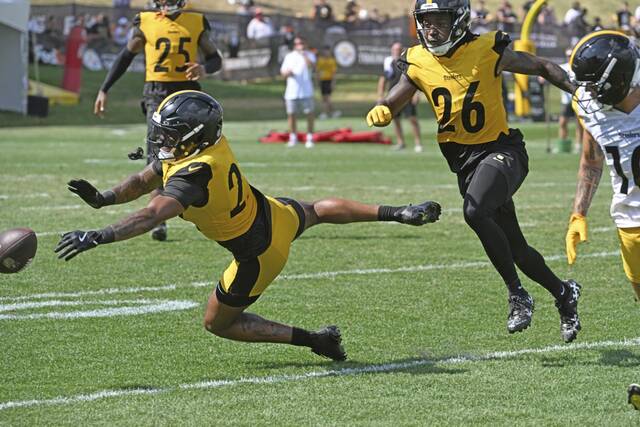 Steelers safety Juan Thornhill breaks up a pass intended for Roman Wilson on Monday, Aug. 11, 2025, at Saint Vincent College.