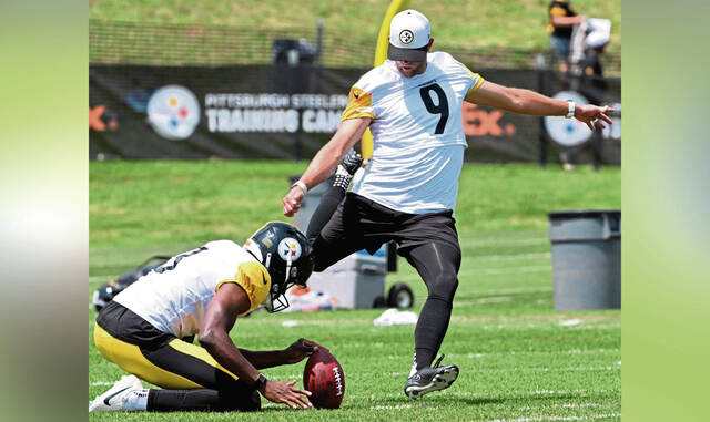 Steelers place kicker Chris Boswell during practice July 31 at Saint Vincent College.
