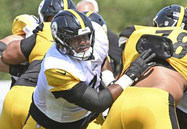 Shown while blocking during a drill at a training camp practice last week, Pittsburgh Steelers offensive lineman Spencer Anderson is the team’s top backup at both guard spots.