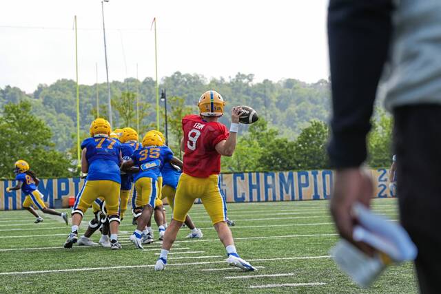 Pitt quarterback Cole Gonzales takes part in a 2025 preseason workout at UPMC Rooney Sports Complex on the South Side.
