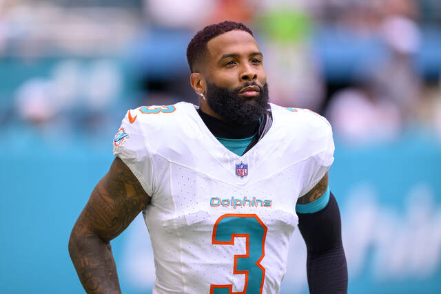 Dolphins wide receiver Odell Beckham Jr. jogs on the field Nov. 17, 2024, before a game against the Las Vegas Raiders.