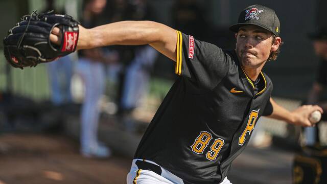 Pirates prospect Hunter Barco pitches against Tampa Bay during spring training on Feb. 28, 2025, at LECOM Park in Bradenton, Fla.