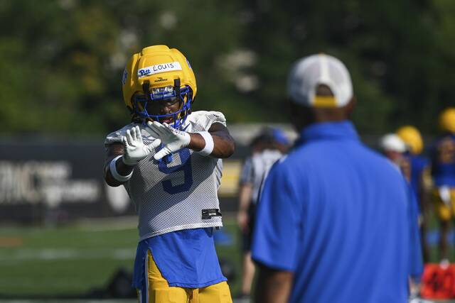 Linebacker Kyle Louis participates in drills during the first day of Pitt football practice Wednesday, July 30, 2025, at UPMC Rooney Sports Complex on the South Side.