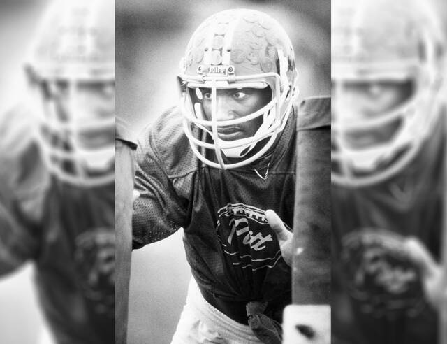 Pitt defensive end Hugh Green prepares to hit a blocking sled in 1980.