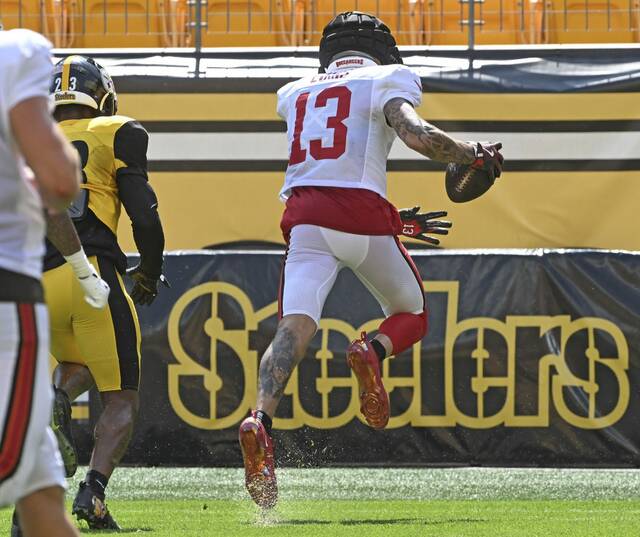 Bucs receiver Mike Evans beats the Steelers’ Tykee Smith for a touchdown Thursday at Acrisure Stadium.