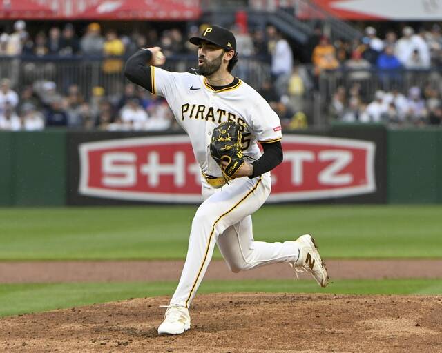 Pirates reliever Colin Holderman pitches during the fifth inning against the Yankees on Saturday, April 5, 2025, at PNC Park.