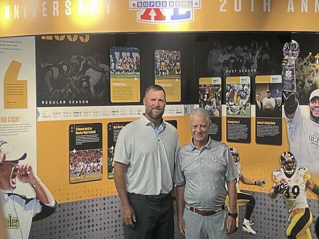 Former Steelers quarterback Ben Roethlisberger stands next to team president Art Rooney II during the unveiling of an exhibit commemorating the 20th anniversary of the Super Bowl XL season Saturday, Aug. 16, 2025, at Acrisure Stadium.