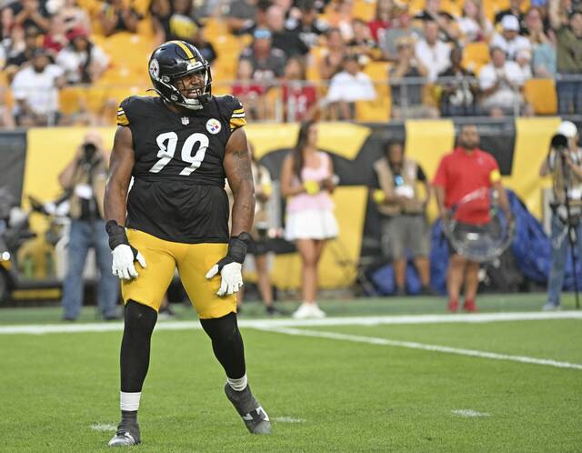 Pittsburgh Steelers rookie defensive lineman Derrick Harmon celebrates his sack of Tampa Bay Buccaneers quarterback Kyle Trask in the first quarter of Saturday’s preseason game at Acrisure Stadium.
