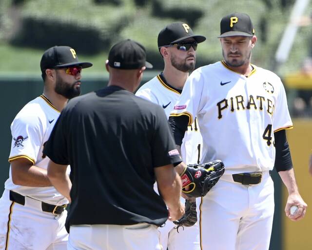 Pirates manager Don Kelly removes pitcher Andrew Heaney from the game during the fifth inning against the Giants on Wednesday, Aug. 6, 2025, at PNC Park.
