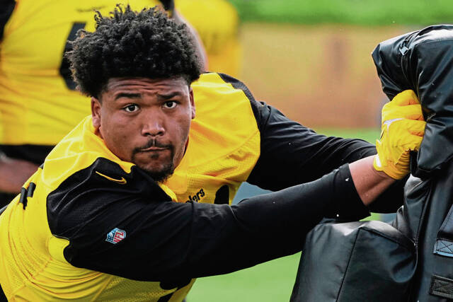 Steelers first-round draft pick Derrick Harmon participates in the team’s rookie camp practice May 9 in Pittsburgh.