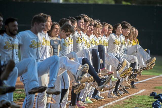 The Savannah Bananas line up along the first base line to perform a kick-line dance before a Coastal Plain League baseball game against the Florence Flamingos, June 7, 2022, in Savannah, Ga.