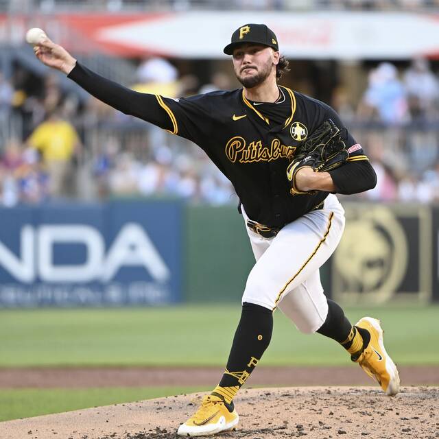 Pirates pitcher Paul Skenes delivers during the fourth inning against the Blue Jays on Monday, Aug. 18, 2025, at PNC Park.