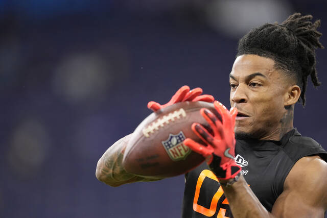 Wide receiver Isaiah Bond runs a drill March 1, 2025, at the NFL scouting combine in Indianapolis.