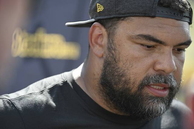 Steelers defensive lineman Cam Heyward speaks to the media about his hold in Aug. 11, 2025 at Saint Vincent College.