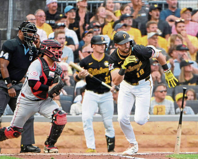 Pirates shortstop Jared Triolo watches his two-run double during the first inning against the Reds on Thursday, Aug. 7, 2025, at PNC Park.